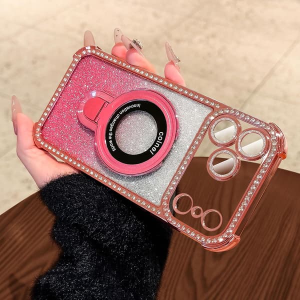 Magnetisk stativ for iPhone 18 Pro-deksel med glitterkort, myk TPU-støtfanger med diamanter, rosa Pink iPhone18PRO