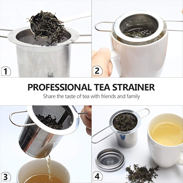 Te-si af rustfrit stål med fine masker, med foldbart håndtag og låg, til ophængning og brygning af løs te og kaffe
