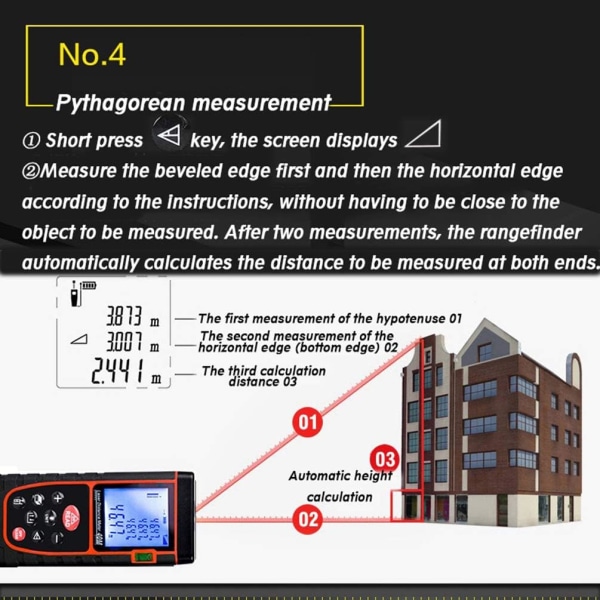 40m laseravståndsmätare, laseravståndsmätare, beräkna areavolymavstånd, Pythagorean-funktion, 20 uppsättningar datalagring, mute-funktion