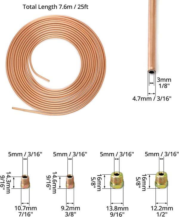 7,6 m bromskopparledning, slangbromsslang, OD 4,76 mm, ID 3,3 mm med 16 muttrar