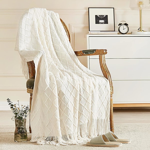 Strikkede pledd til sofa og seng, mykt og koselig strikket teppe med dusk, off-white lett dekorativt teppe og pledd, 130 * 230CM