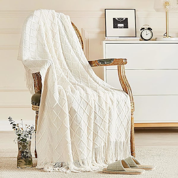 Strikkede tæpper til sofa og seng, blødt og hyggeligt strikket tæppe med kvast, offwhite lette dekorative tæpper og plaider, 130 * 230CM