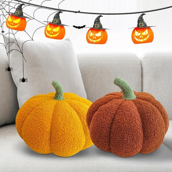 Sæt med 2 bløde 3D græskarformede puder til Halloween, boligindretning til bil, soveværelse, sofa, 23 cm