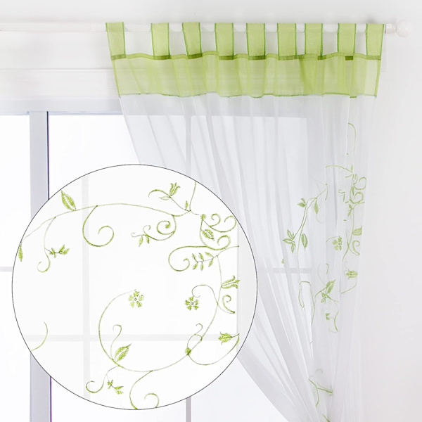 Blomstrete gjennomsiktige gardiner Voile Broderi Fanede Vinduspaneler for soverom Stuedekorasjon 2 paneler, Grønn, B140cm x H225cm