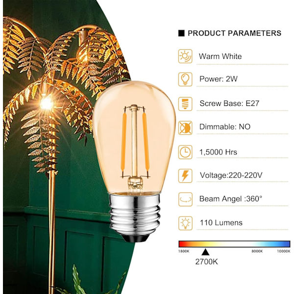S14 E27 Edison LED-hehkulamppu, 2W Vintage-hehkulankalamppu, Amber, Lämmin valkoinen 2700K, 360 ° Valonsäde, Ei himmennettävä 6 kpl [Energiatehokkuusluokka G]