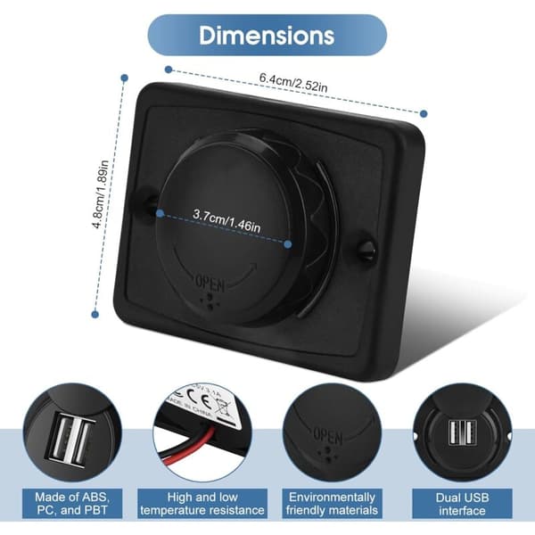 Dobbel USB Billader, 5V/3.1A 12V Vanntett LED Bil Dobbel Svart ABS USB Port Lader Socket for RV Båt