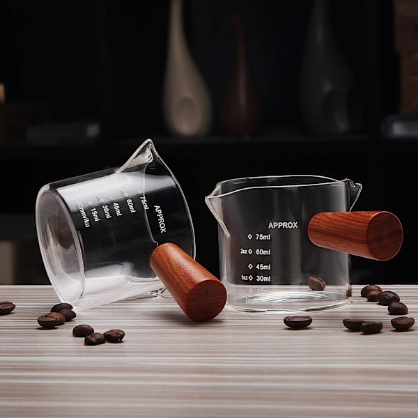 1 pakkaus kaksoisnokkainen mittaava kolminkertainen kannu maitoastia puukahvalla 75ML espressoshottilasiosat kirkas lasi