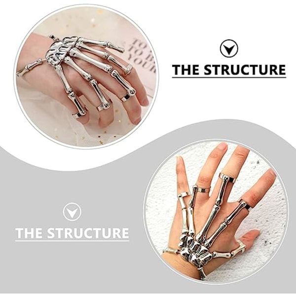 Punkarmband skallefingrar metallskelett handarmband med ring Överdrivet metallskalle fingerbensarmband (silver)