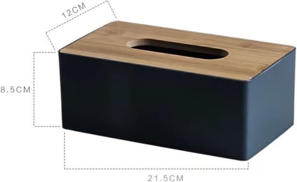 Servietboks med bambustræslåg, rektangulær servietdispenserboks, plastik servietboks til badeværelse, bil, kontor, 21,5x12x8,5cm (sort) Black