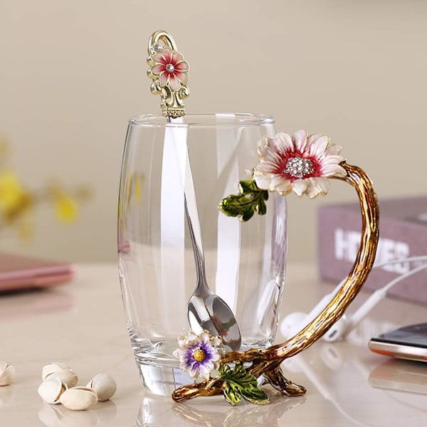 Emaljerad Solros Kristall Blyfri Glas Tekopp med Sked Set, Present till Jul, Alla Hjärtans Dag. Bästa Presenten Style 2