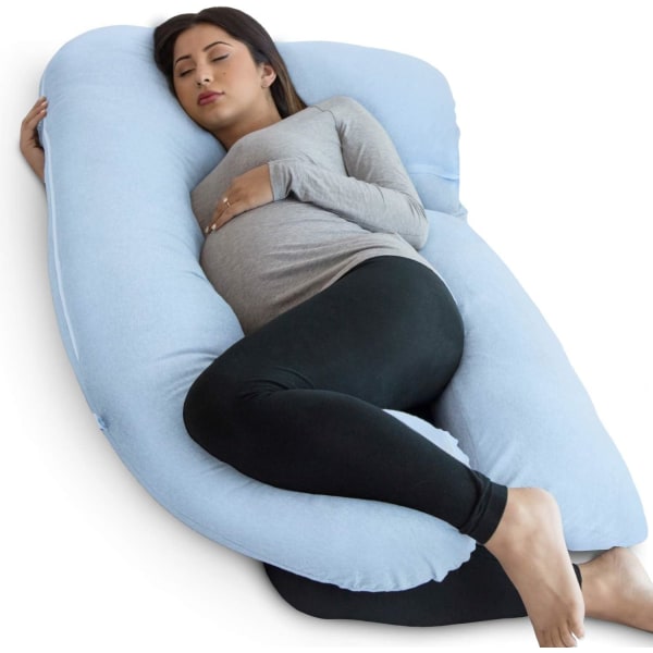 Gravidkudde för kvinnor, U-formad helkroppskudde och graviditetsstöd för rygg, höfter, ben, mage med avtagbar förlängning Light Blue 134.6 x 78.7 x 17.8 centimetres