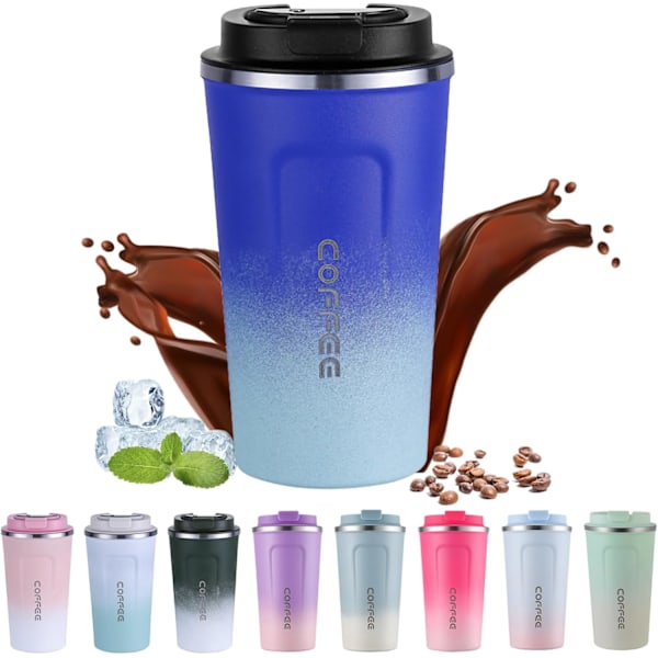 Kaffetermosmugg för Resan, 510ml Rostfritt Stål Återanvändbar, 100% Läcksäker, Dubbelväggig Vakuumisolerad för Varm och Kall Kaffe Blue
