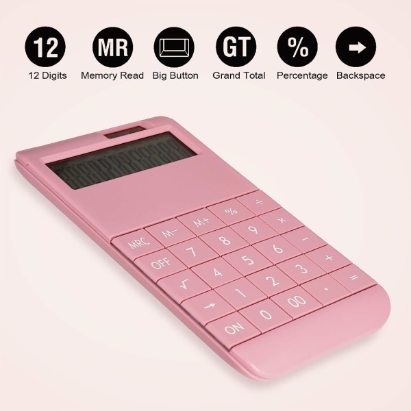 Kontor lommeregner, 12-cifret stort LCD-display solbatteri standard skrivebords lommeregner til skole og kontor Matte pink