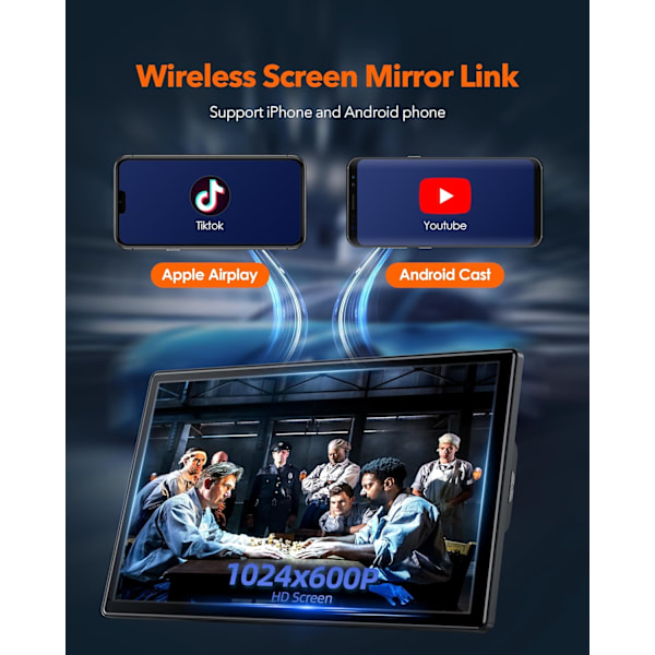 9'' Carplay-skärm för bil med 2.5K Dash Cam, 1080p backkamera, trådlös CarPlay Android Auto-skärm med Mirror Link