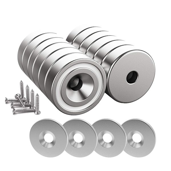 12 stk. Neodym magneter 10 KG styrke 20 x 7 mm med hul og kapsel, forsænket pottemagnet med skruer og 12 stålplader (Shiny Silver)