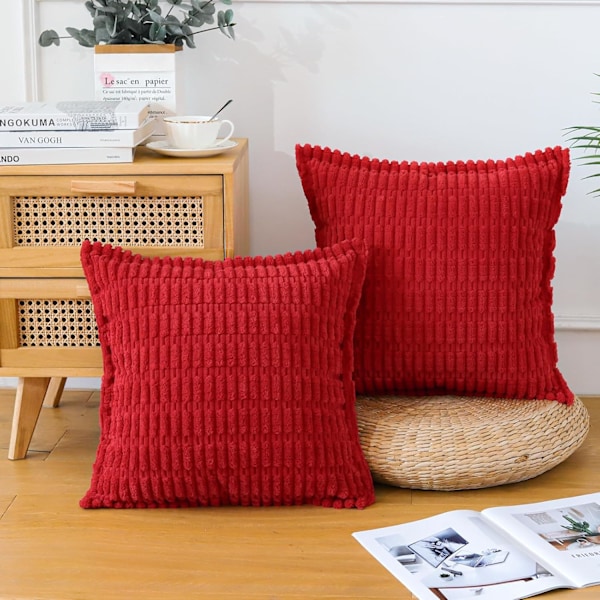 Kuddfodral set om 2 i sammet, dekorativt fyrkantigt randigt örngott med sydda kanter, kuddfodral 50 x 50 cm Red