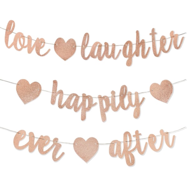 3 Pack Rose Gold Glitter Love Smile and Happiness Banners - Wedding Shower Decor