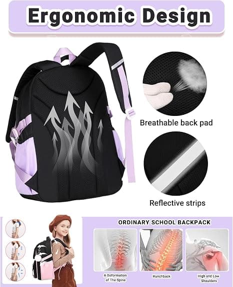 Barneskoletaske for jenter (3.-5. klasse), 20L, ergonomisk | Bryststropp | Vanntett | Kawaii