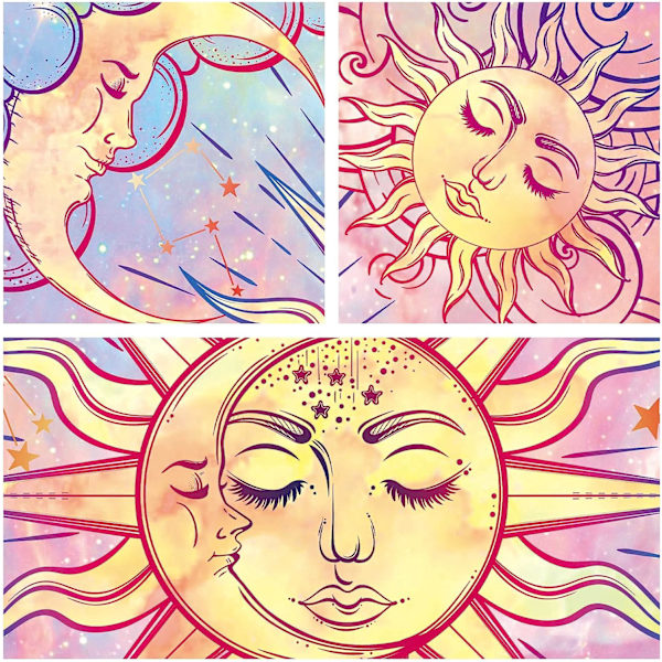 Pastellrosa gobeläng brinnande sol gobeläng mystisk gobeläng himmelsk sol och måne med stjärnor gobeläng