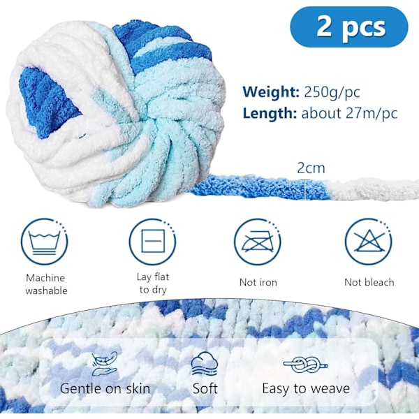 500g (250gx2) Chunky Garnboll ca 54m Chenille Chunky Pälsgarn Mjuk Ull Chunky Garn Mjuk Stickgarn för Virkade Filtar Halsdukar Hattar fresh blue