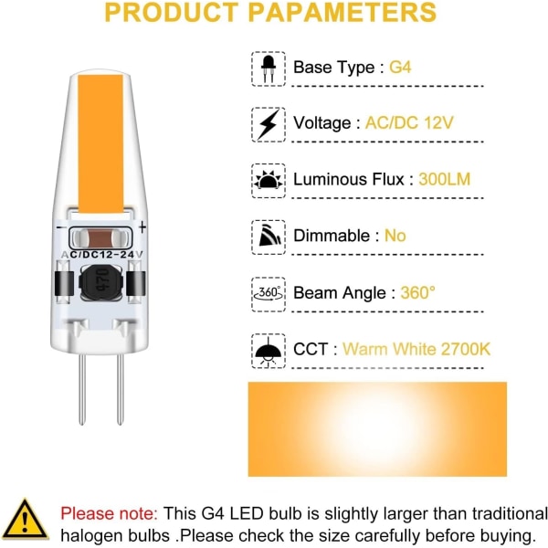 G4 LED 3W 12V AC/DC lyspærer, G4 3W LED 30W ekvivalent halogenpære, 300LM, varm hvit 2700K, ikke-dimbar, 5-pakning
