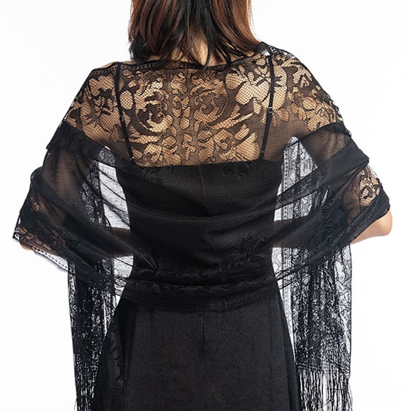 Dam Pashmina Sjal i Spets med Fransar - Perfekt för Fester, Baler och Bröllop Red