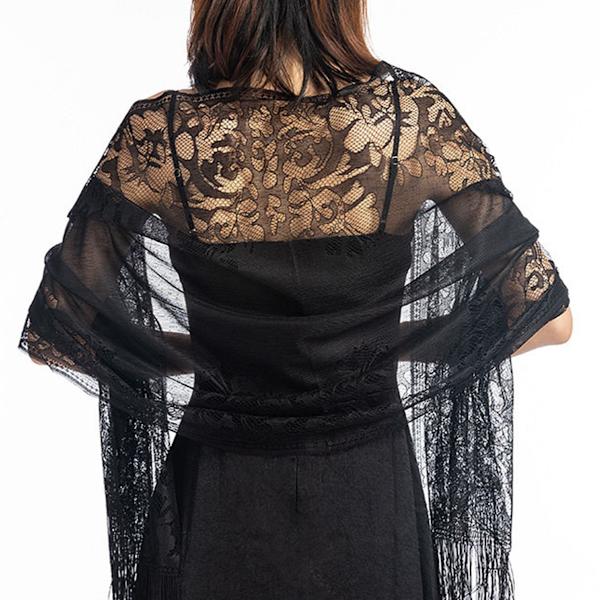 Kvinnors blommiga spets Pashmina sjal med fransar - perfekt för fester, baler och bröllop Dark green