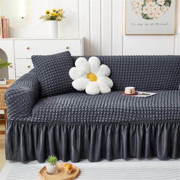 Strækbar sofabetræk, ensfarvet sofabetræk med skørt, elastisk pasform, skridsikkert sofabetræk, vaskbart tykt møbelbeskytter (mørkegrå, 2-personers) 2 Seater Dark Grey
