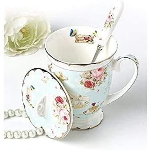 Art Style Bone China Tekop med låg til morgenmad og køkken Rose Butterflies 11,5x8,7cm