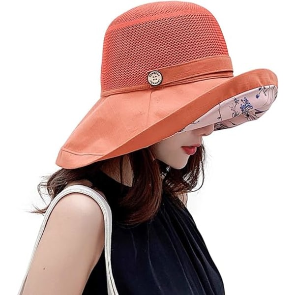Kvinnors Mesh Solhattar Sommar Strand UV-skydd UPF Packable Bred Brätte Hakrem orange