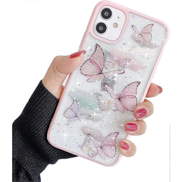 Kompatibel med iPhone 12/12 Pro Skal för Tjejer, Mjukt Fullständigt Skyddande Genomskinligt Glittrigt Bling Stjärna Fjäril Mönster Telefonskal