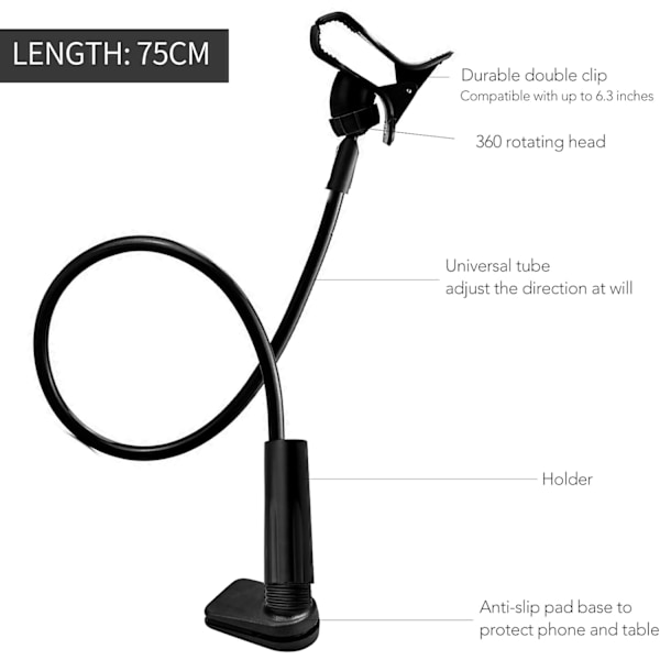 Svanehals Telefonholder, Sammenleggbar Nettbrett- og Smartphoneholder - 360° Fleksibel Arm, Total Lengde 75cm