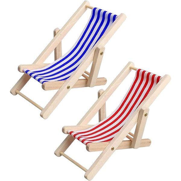 2 st Mini Strandstolar, Mini Trästol Strandstol Modell Mini Fällbar Strandstol Mini Möbler Tillbehör med Röda/Blå Ränder