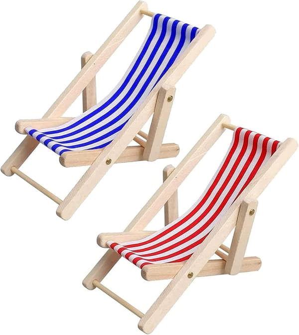 2 stk. Mini Strandstole, Mini Træstol Strandstol Model Mini Sammenklappelig Strandstol Mini Møbel Tilbehør med Røde/Blå Striber