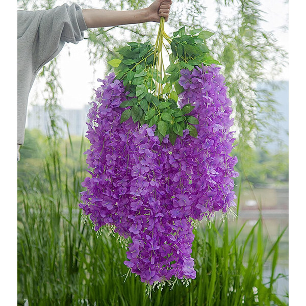 Fake Hanging Flowers 12 Pcs 3.75 Feet/Piece Artificial Wisteria Vine Ratta Hanging Garland  for Party Wedding Decor (purple)