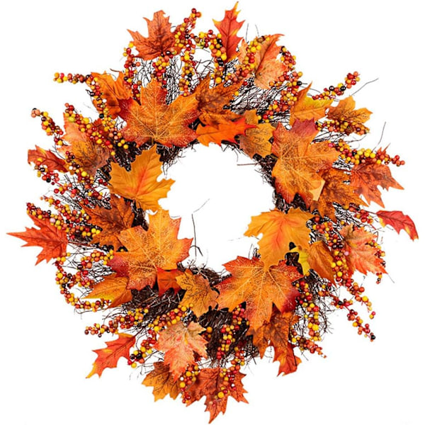 Höstkrans för ytterdörr 45 cm höstkrans med lönnlöv och bär, höstkrans med lönnlöv för Halloween Thanksgiving-dekoration