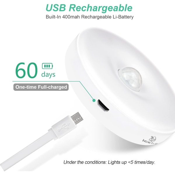Automatisk LED-nattlampa 3-pack, Rörelsesensorlampa, Självhäftande, USB-laddningsbar