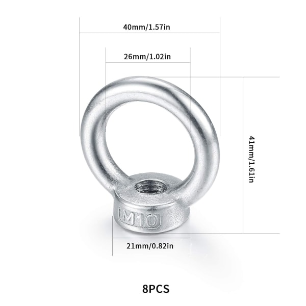 M10 Øyebolt, løftering øyebolt, 304 rustfritt stål ringmutter, øyebolt skrue muttere - 8 stk