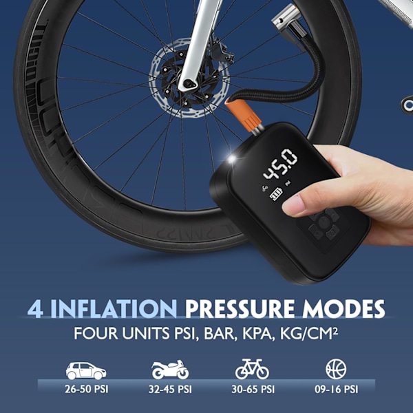 Bærbar Luftkompressor, 3600mAh Mini Elektrisk Luftpumpe 150PSI Elektrisk Cykelpumpe med Digital LCD-Skærm 4 Tilstande Genopladelig Bil Dæk Inflator