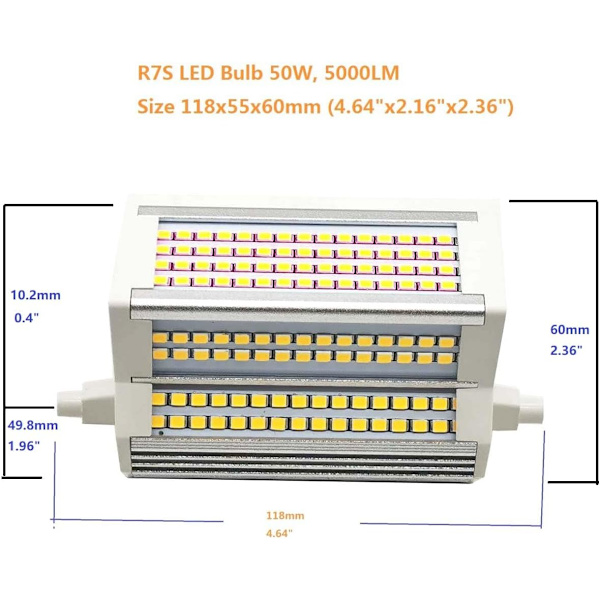 R7S LED-pære 50W varmt lys dimbar 3000k dobbel-ended J118 J-type 118MM LED-spotlight 5000LM 500W ekvivalent halogen gatelys 200 grader