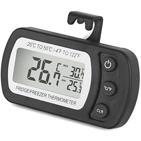 Kyltermometer, vattentät Kylskåp Frystermometer Temperaturmonitor Lättläst LCD-skärm med krok (svart, 1pack)