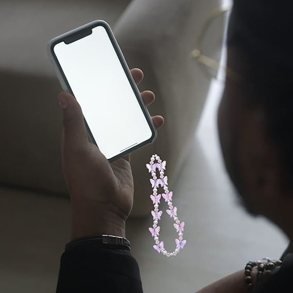 2 stk. Telefonpynt Mobiltelefon Perlesnor Håndleddsstropper Bling Krystall Sommerfugl Anheng Anti-tapt Mobiltelefonkjede - Rosa, Lilla