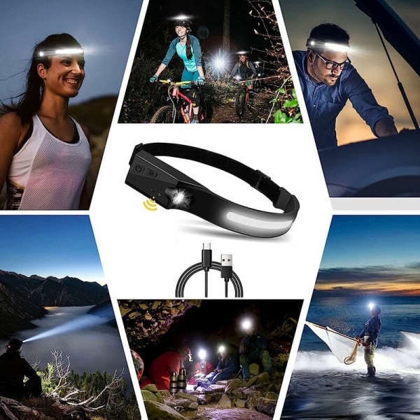 Ladattava COB 230° LED-otsalamppu Laaja säde otsalamppu liiketunnistimella ja kirkas vedenpitävä otsalamppu