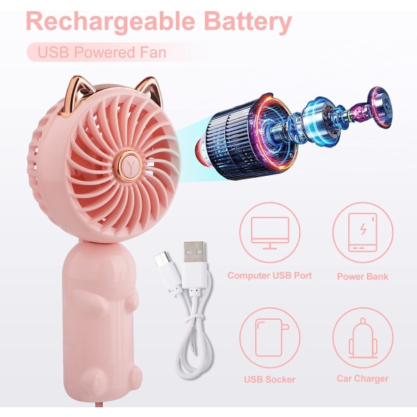 Bärbar minifläkt med uppladdningsbart batteri och 3 hastigheter, liten söt personlig elektrisk fläkt för tjejer/damer/barn utomhus