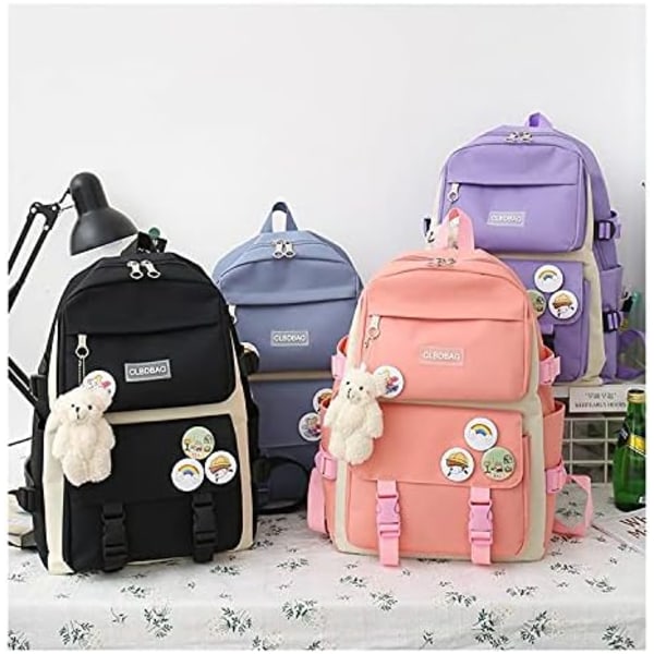 Set med 4 Kawaii Skolväskor, Ryggsäckar för Tonårstjejer, Estetisk Ryggsäck med Tillbehör, Svart