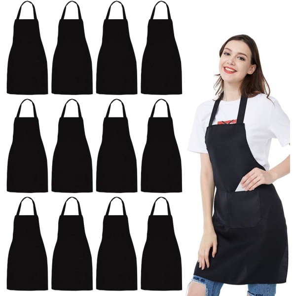 12-pack haklappsförkläde - Unisex svart förkläde Bulk med 2 rymliga fickor Maskintvättbar för kökspyssel BBQ-ritning