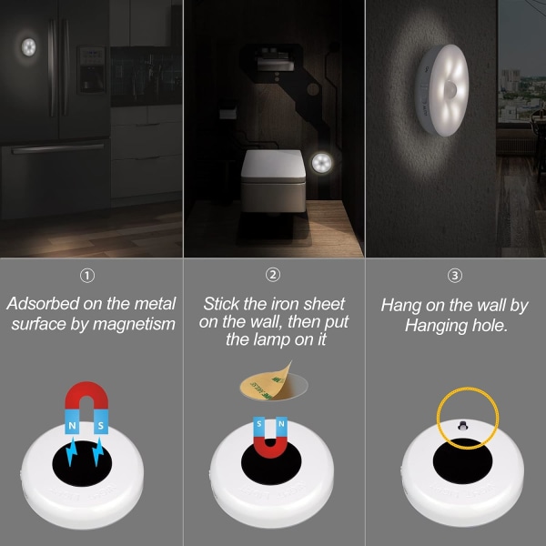 Automatisk LED nattlys 3 stk, bevegelsessensorlampe, selvklebende, USB-oppladbar