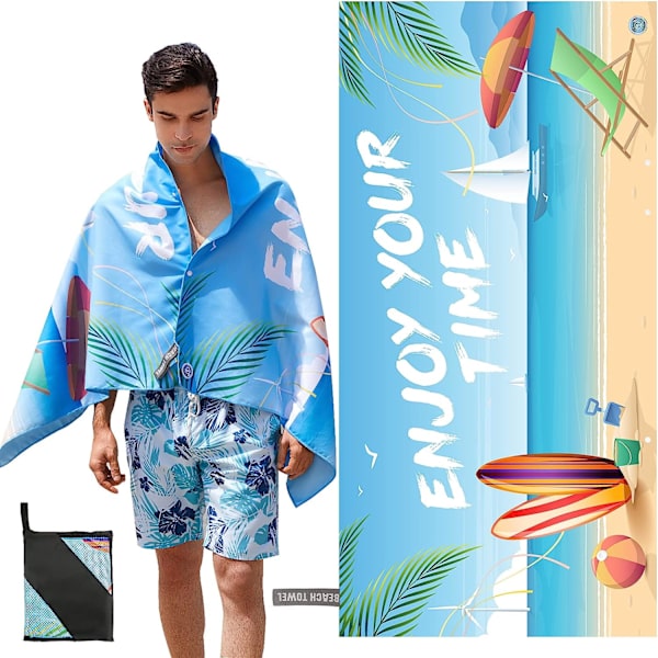 Strandhåndkle med UV-etiketter, strandmatte, mikrofibermateriale, ingen sand, passende størrelse (150 × 75 cm), hurtigtørkende, elastisk taudesign, oppbevaringspose, blå