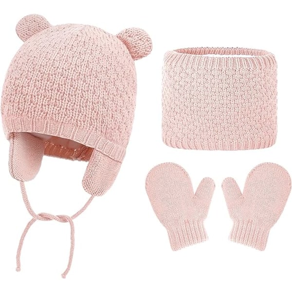 Preschool children's knitted earmuffs Beani hat set, with scarf and gloves, baby winter hat, children's knitting warmth