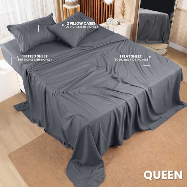 Mikrokuitu Lakanasetti 4 osaa (Queen, Harmaa)